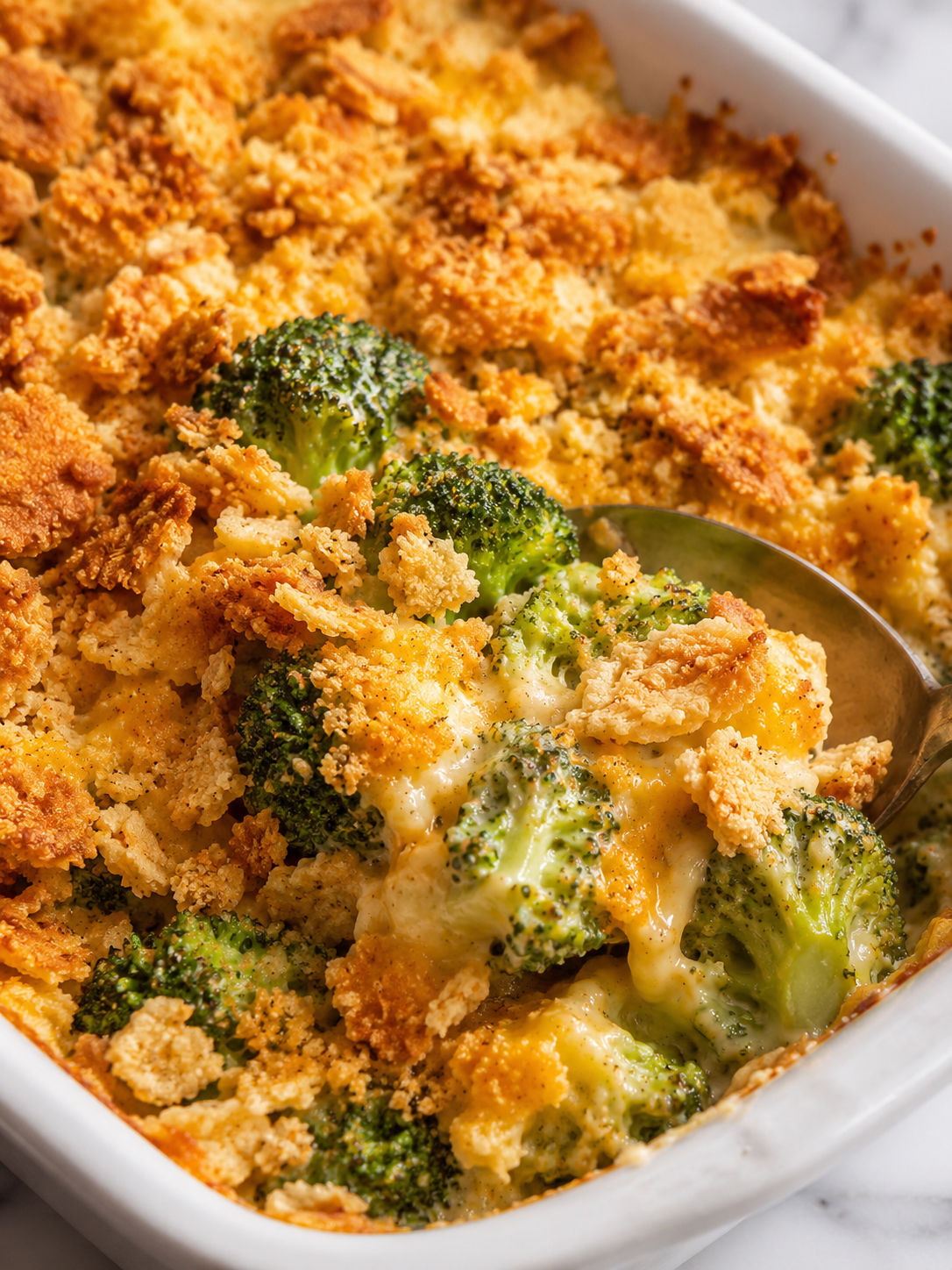 Broccoli Cheese Casserole, plated and served
