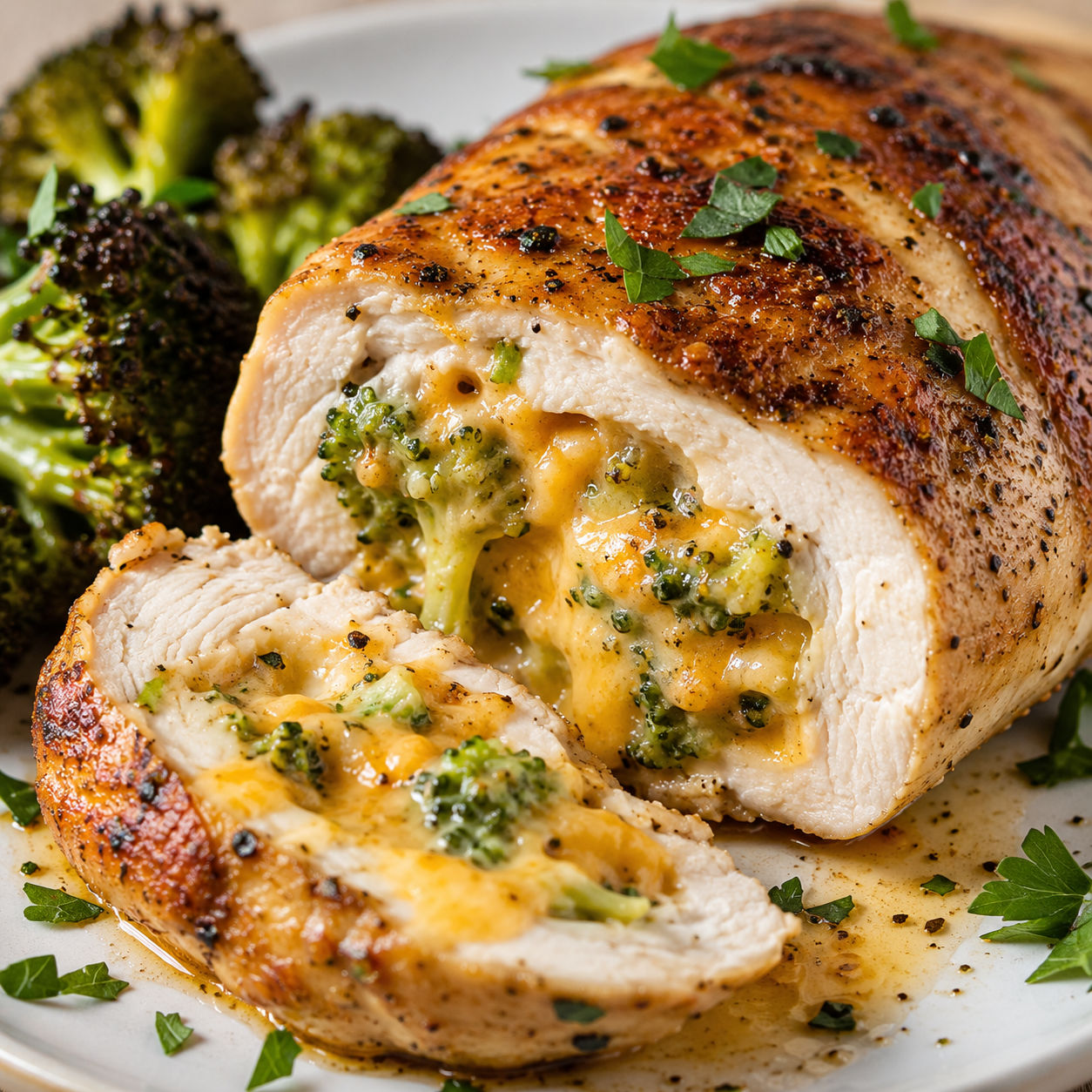 Sliced broccoli cheese filled chicken with melted cheddar center