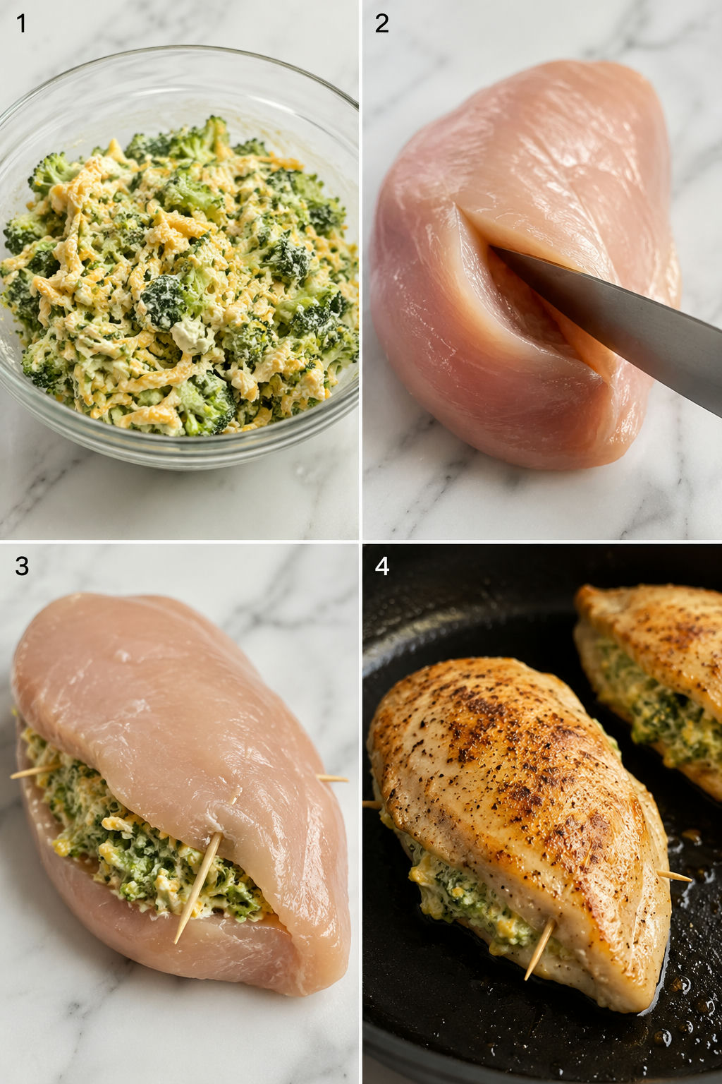 Four steps for making broccoli and cheese stuffed chicken