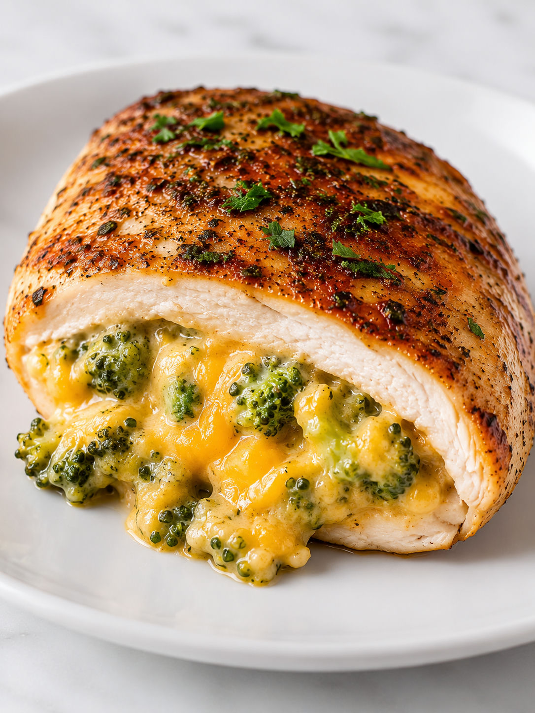 Golden stuffed chicken with creamy broccoli cheddar filling