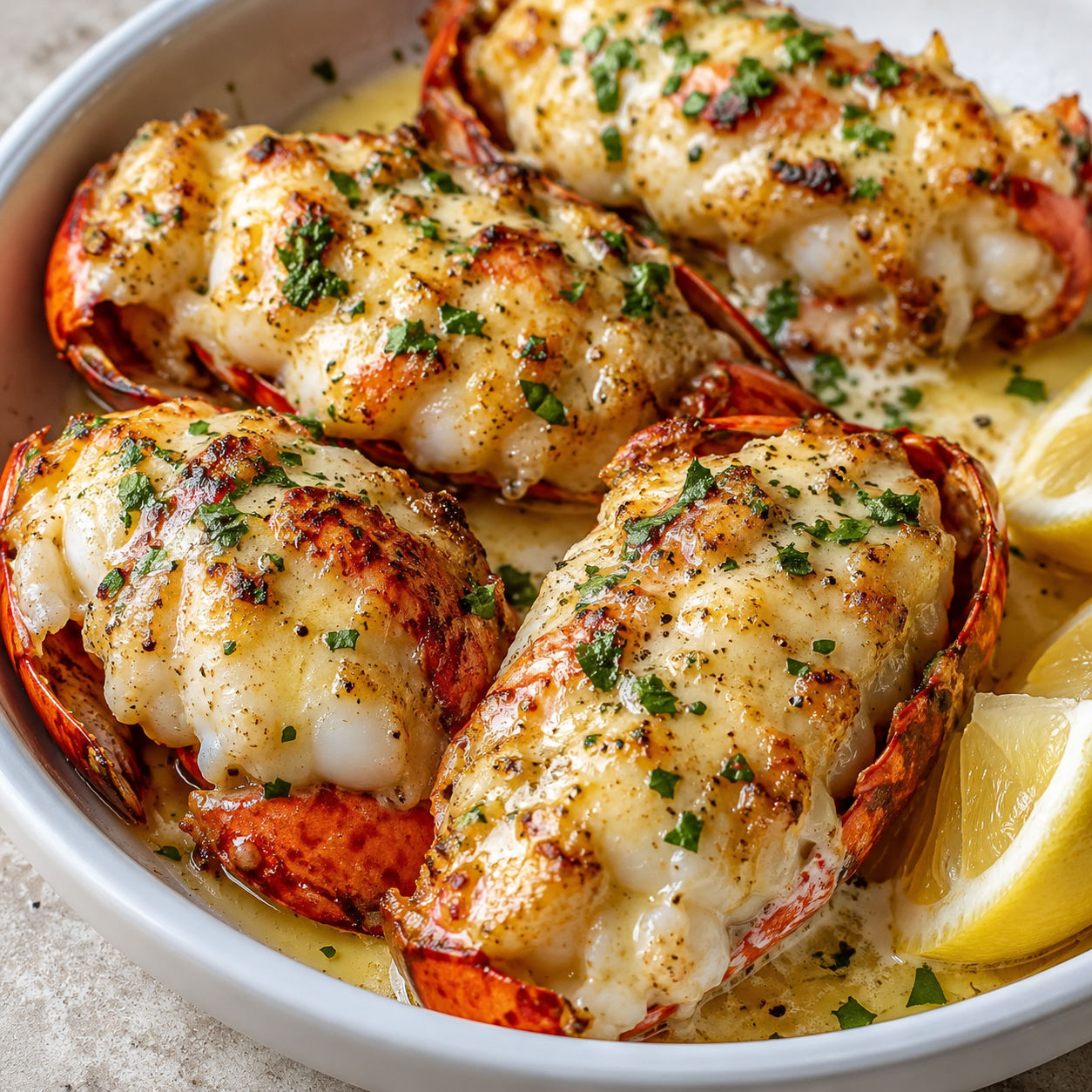 Broiled lobster tails with creamy garlic butter sauce and parsley