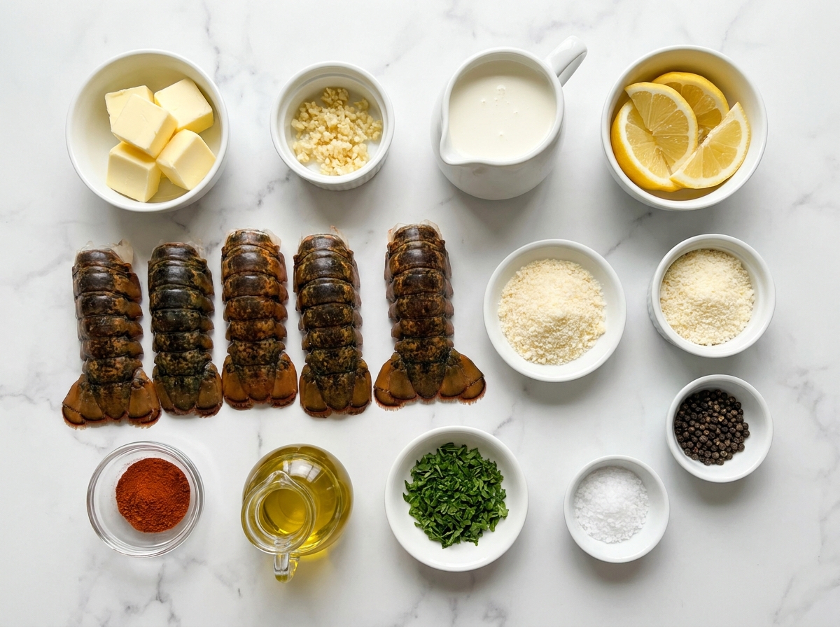 Raw lobster tails, butter, cream, garlic, lemon, herbs, and parmesan