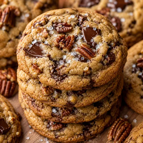 Stack of brown butter pecan chocolate chunk cookies with sea salt on a wooden board