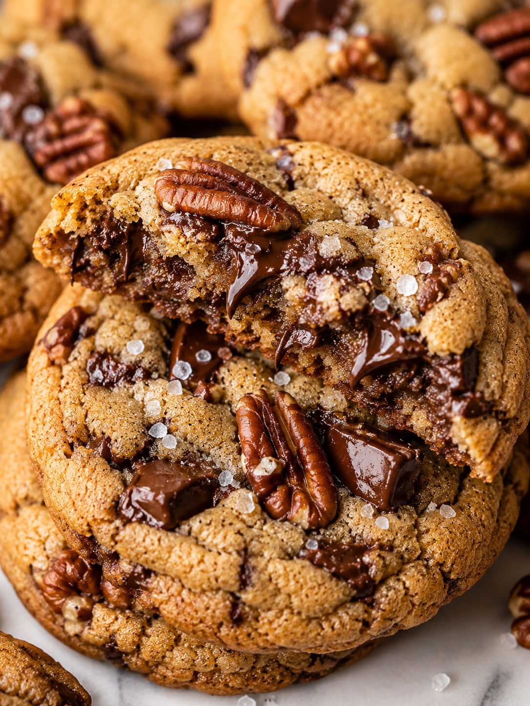 Brown Butter No-bourbon Pecan Chocolate Chunk Cookies, plated and served