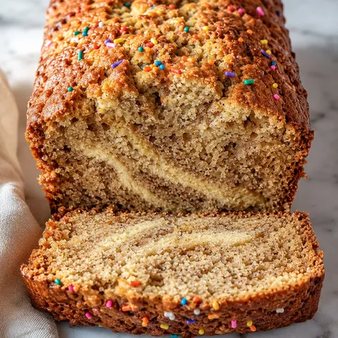 Sliced brown butter sugar cookie banana bread with colorful sprinkles on a marble surface