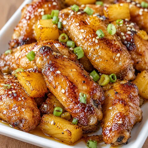 Sticky brown sugar pineapple chicken wings with scallions and sesame seeds
