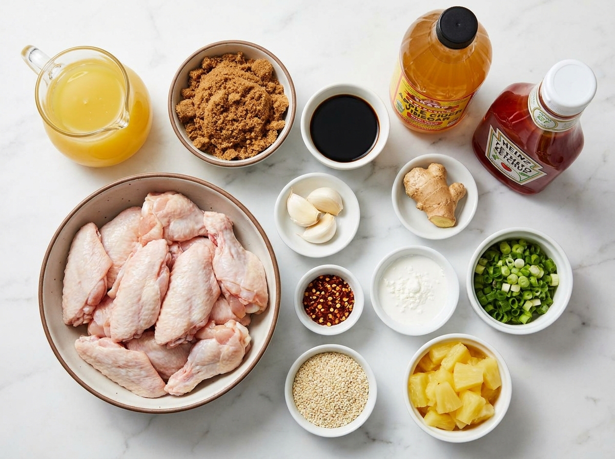 Ingredients for brown sugar pineapple chicken wings on a kitchen surface