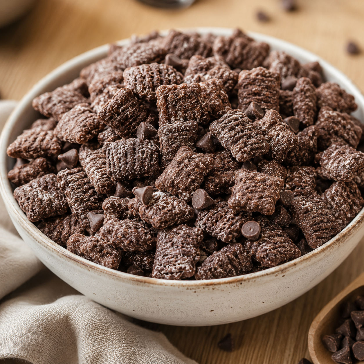Brownie Batter Puppy Chow in a bowl with mini chocolate chips