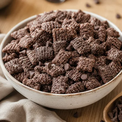 Brownie Batter Puppy Chow in a bowl with mini chocolate chips