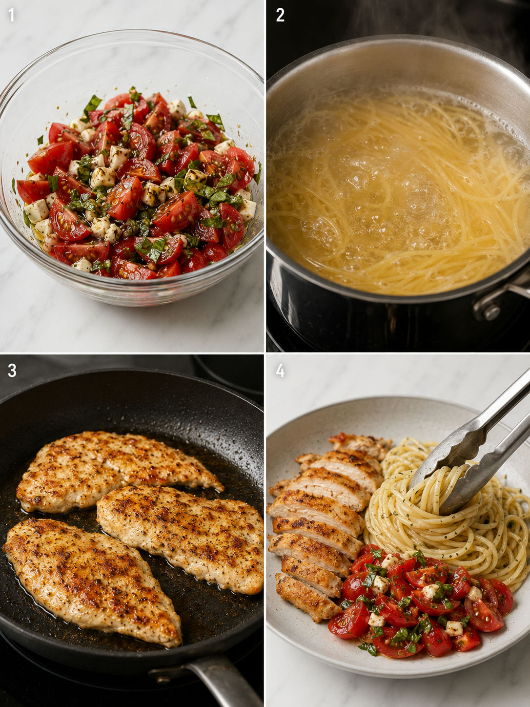 Steps for making bruschetta chicken pasta from tomatoes to stacking