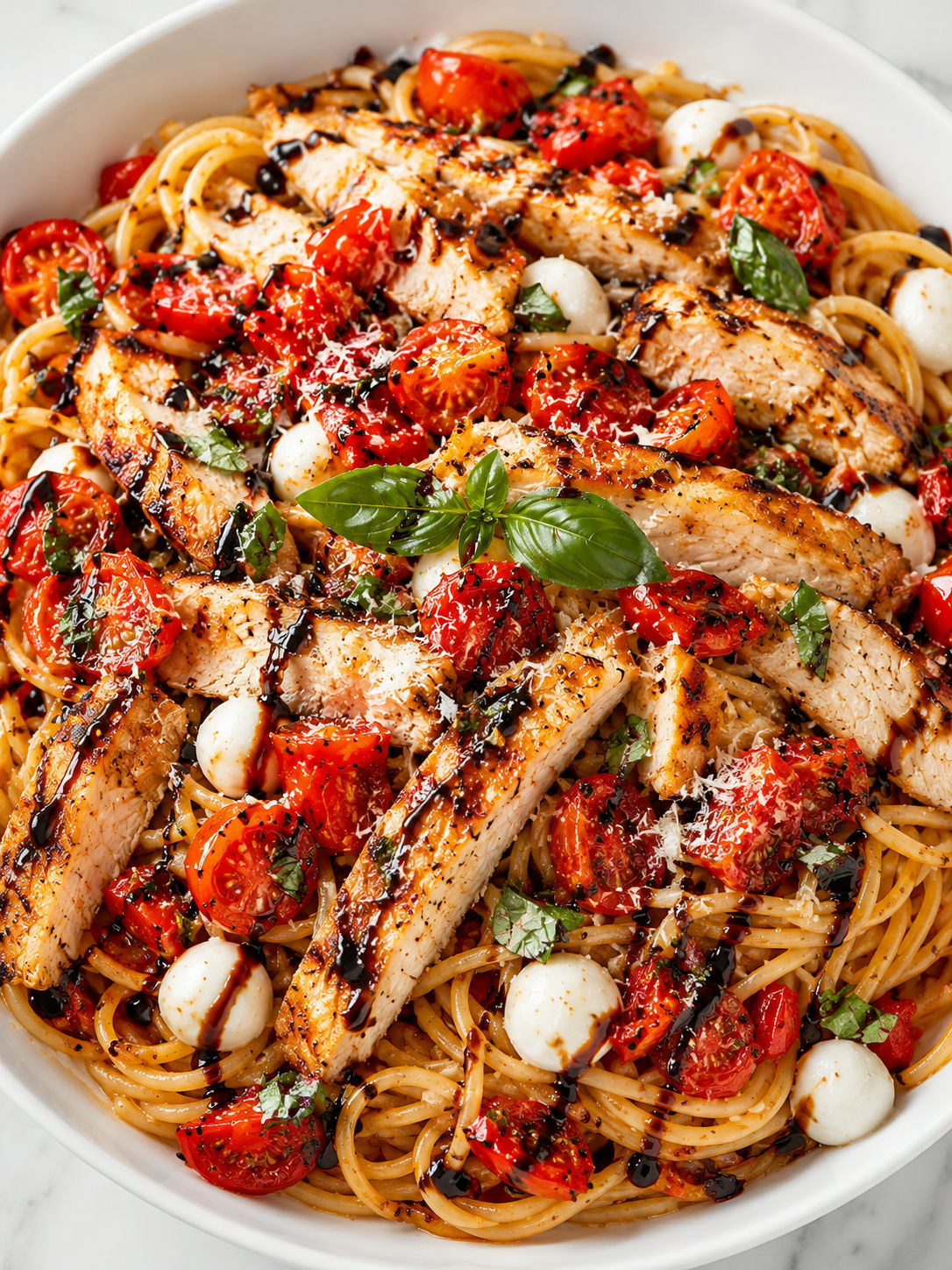 Bruschetta chicken pasta stack with tomato basil topping and balsamic glaze