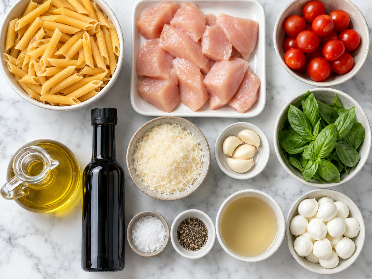 Ingredients for bruschetta chicken pasta with tomatoes, basil, cheese, and pasta