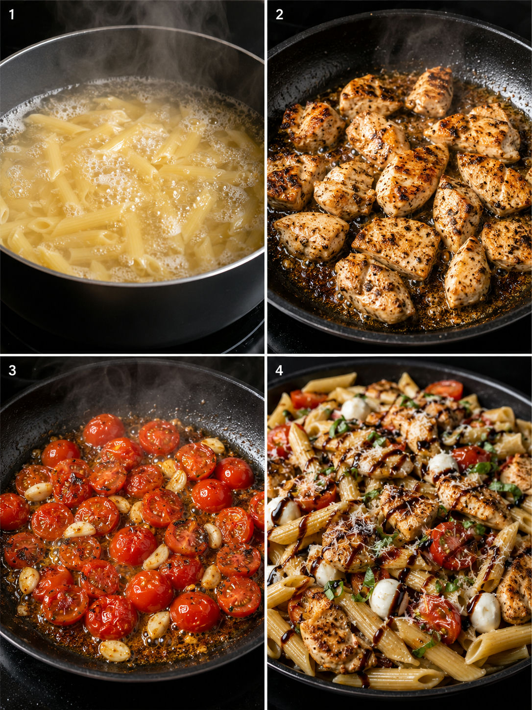 Steps for making bruschetta chicken pasta from boiling pasta to tossing sauce