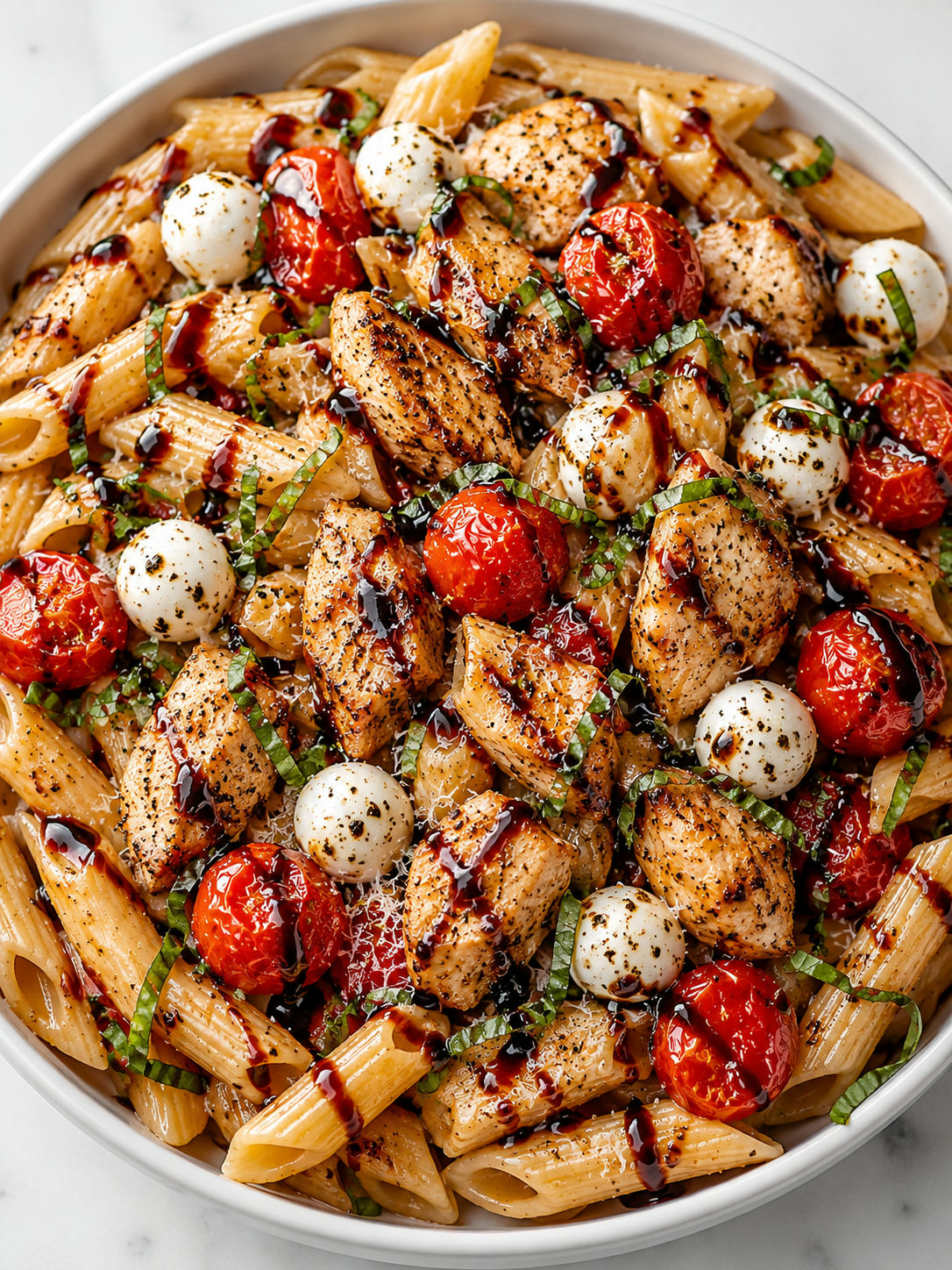 Bowl of bruschetta chicken pasta with balsamic glaze and fresh basil