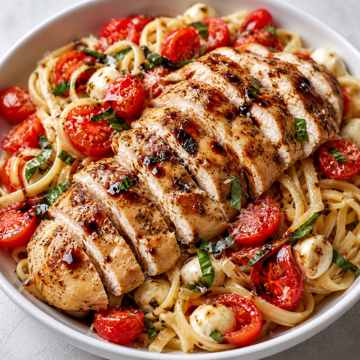 Bruschetta chicken pasta with tomatoes, basil, mozzarella, and sliced chicken