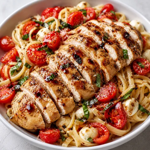 Bruschetta chicken pasta with tomatoes, basil, mozzarella, and sliced chicken