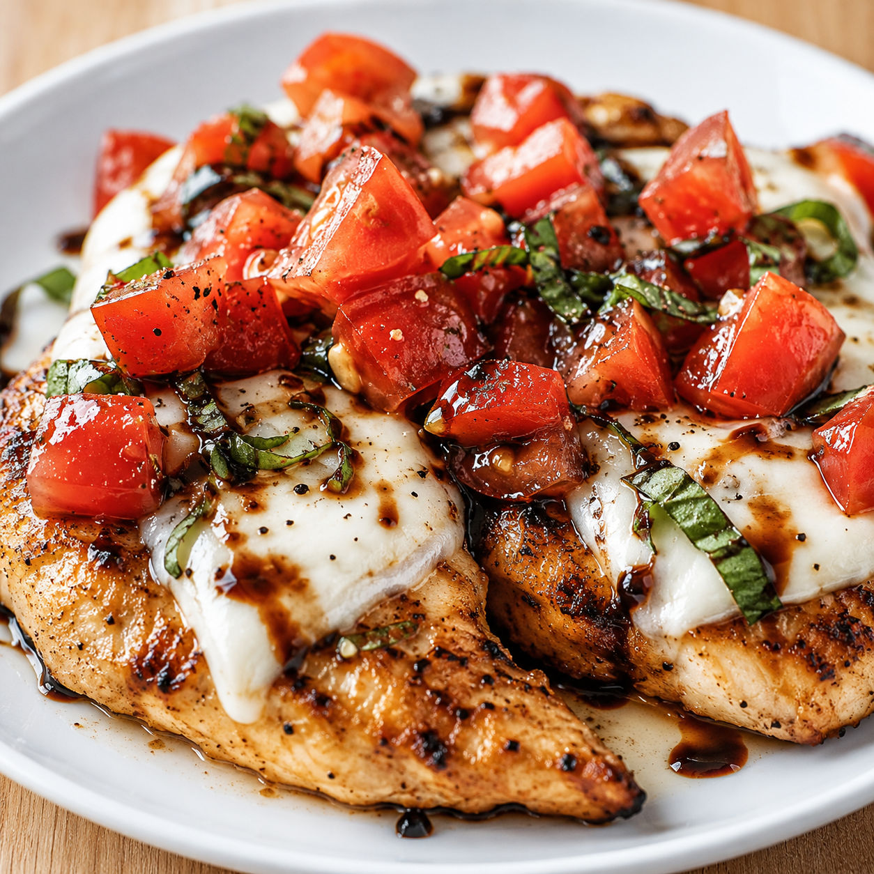 Bruschetta chicken with melted mozzarella, fresh tomatoes, basil, and balsamic glaze