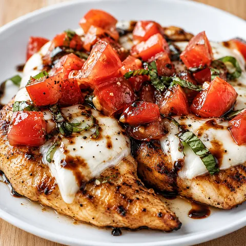 Bruschetta chicken with melted mozzarella, fresh tomatoes, basil, and balsamic glaze