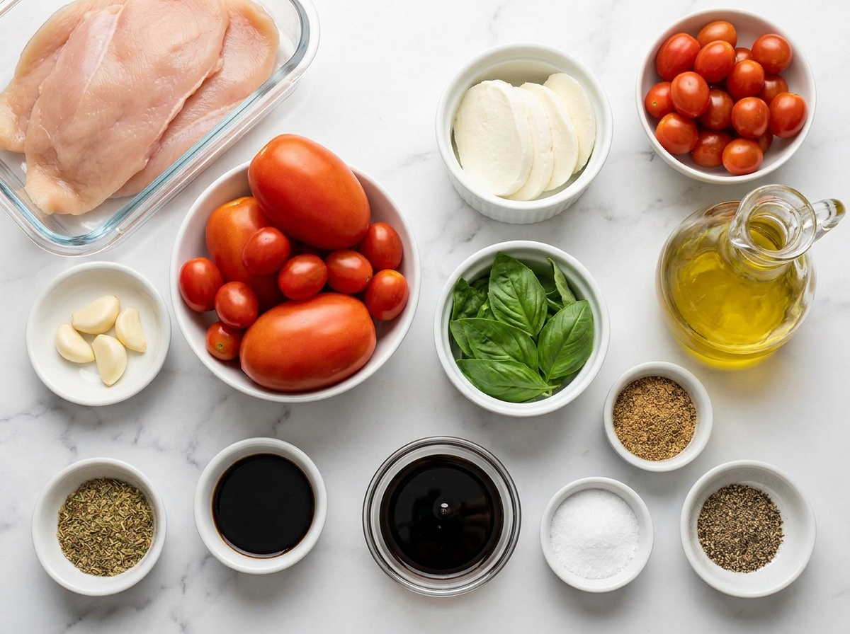 Ingredients for bruschetta chicken with tomatoes, basil, mozzarella, and chicken cutlets