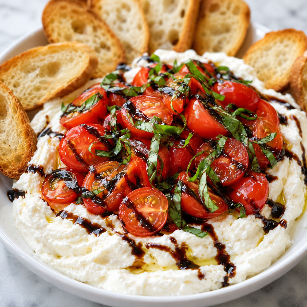 Bruschetta dip with tomatoes, basil, ricotta, balsamic glaze, and crostini