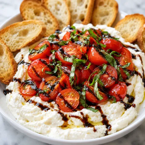 Bruschetta dip with tomatoes, basil, ricotta, balsamic glaze, and crostini