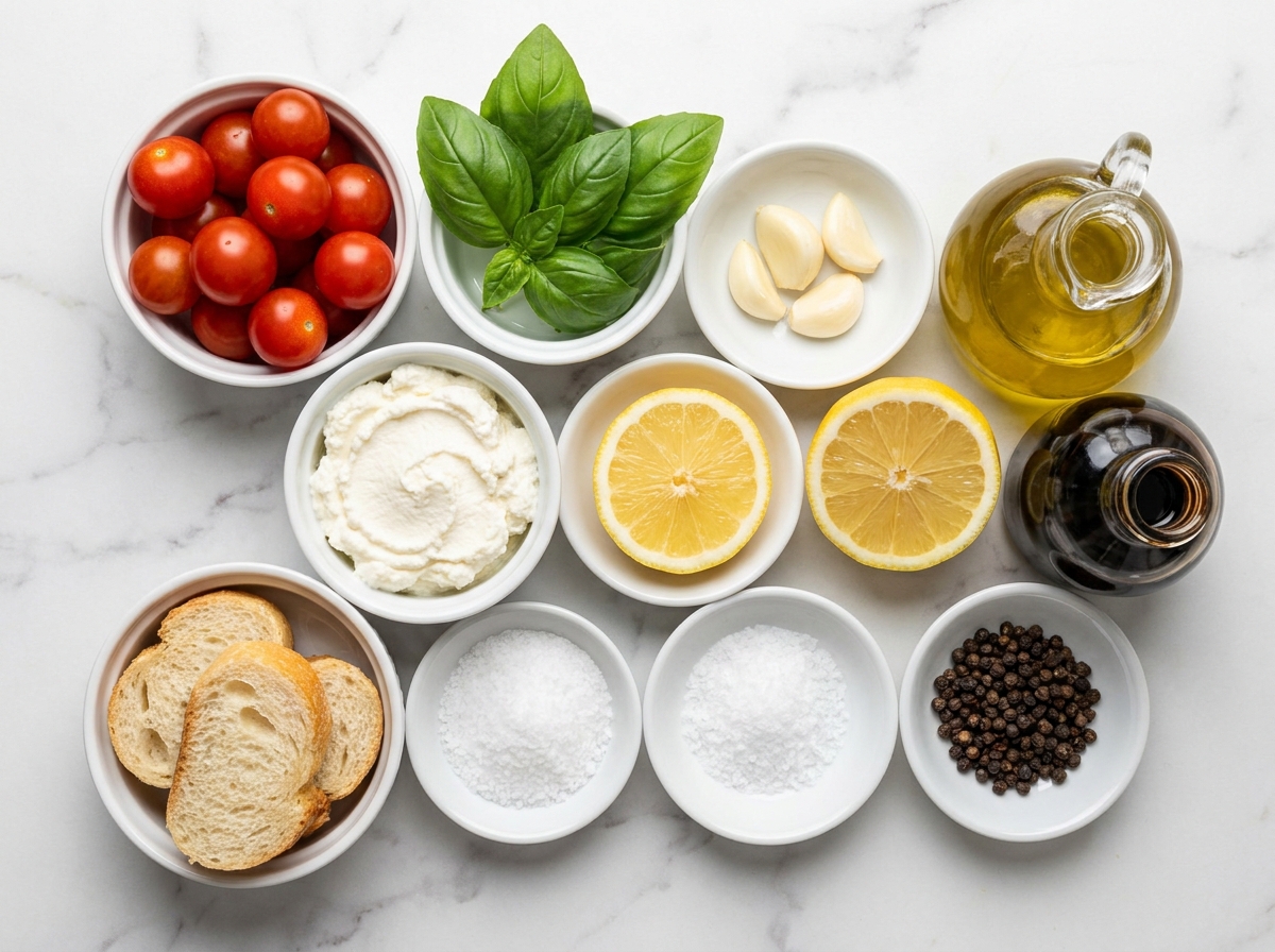 Tomatoes, basil, ricotta, garlic, balsamic glaze, lemon, and baguette