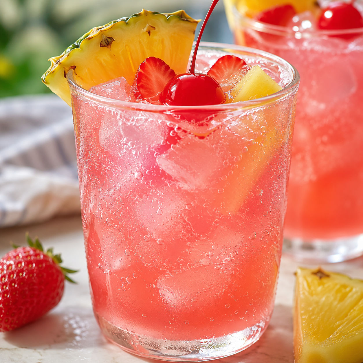 Pink Bubblegum Breeze Drink with pineapple, strawberries, and cherries