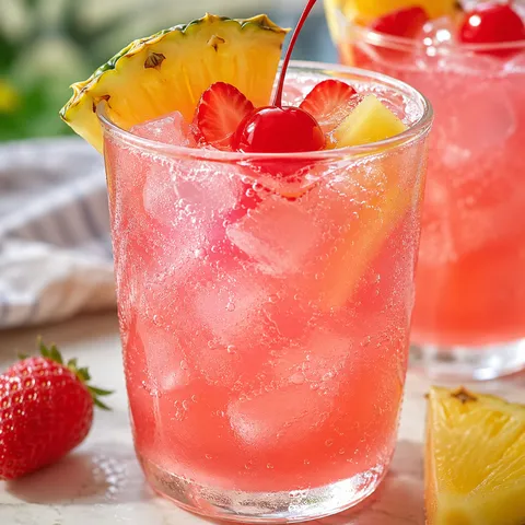 Pink Bubblegum Breeze Drink with pineapple, strawberries, and cherries