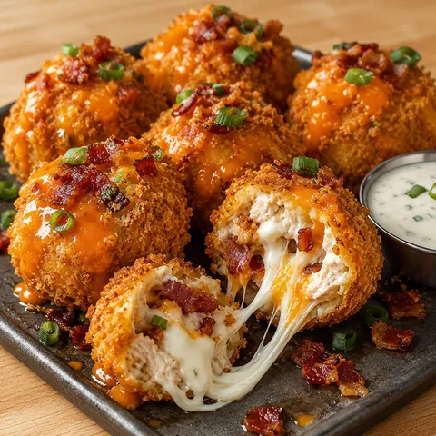 Buffalo chicken bacon mozzarella bombs with sauce and ranch dip