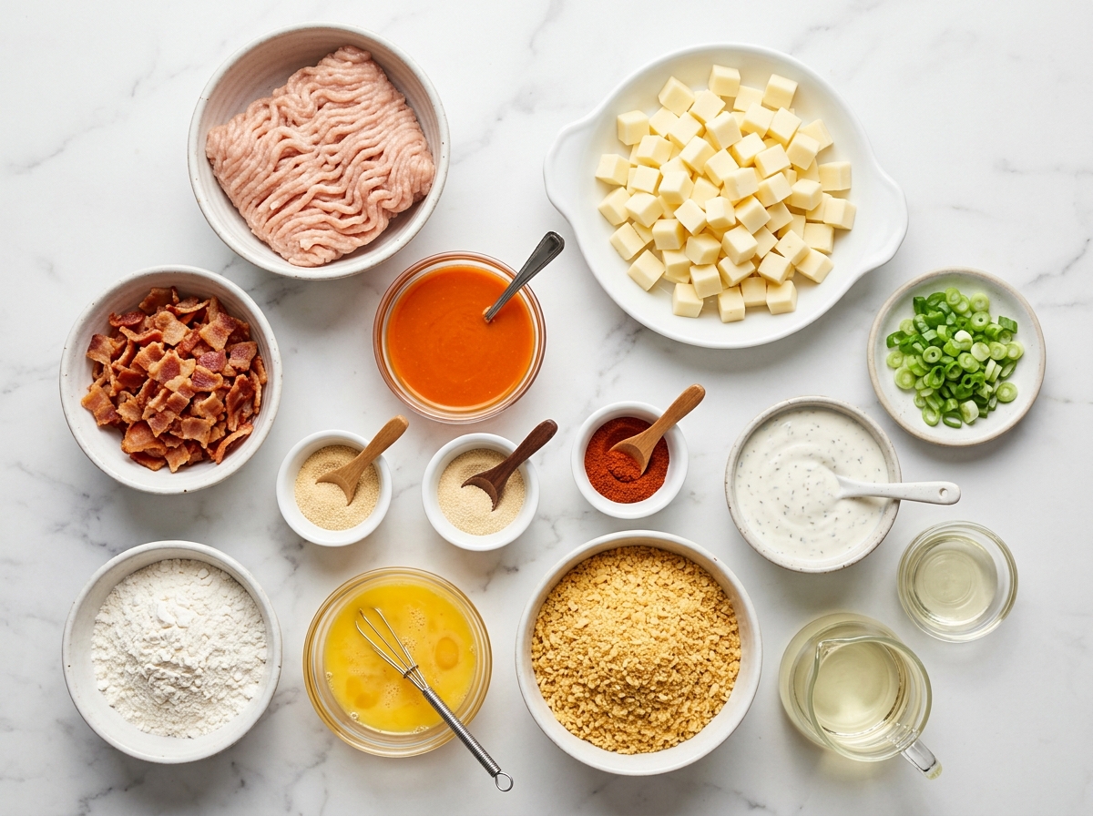 Ingredients for buffalo chicken bacon mozzarella bombs on a wood counter