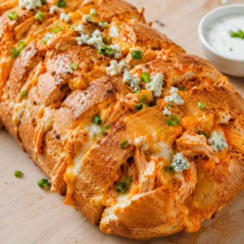 Buffalo Chicken Bread with melted cheese and scallions on toasted French bread