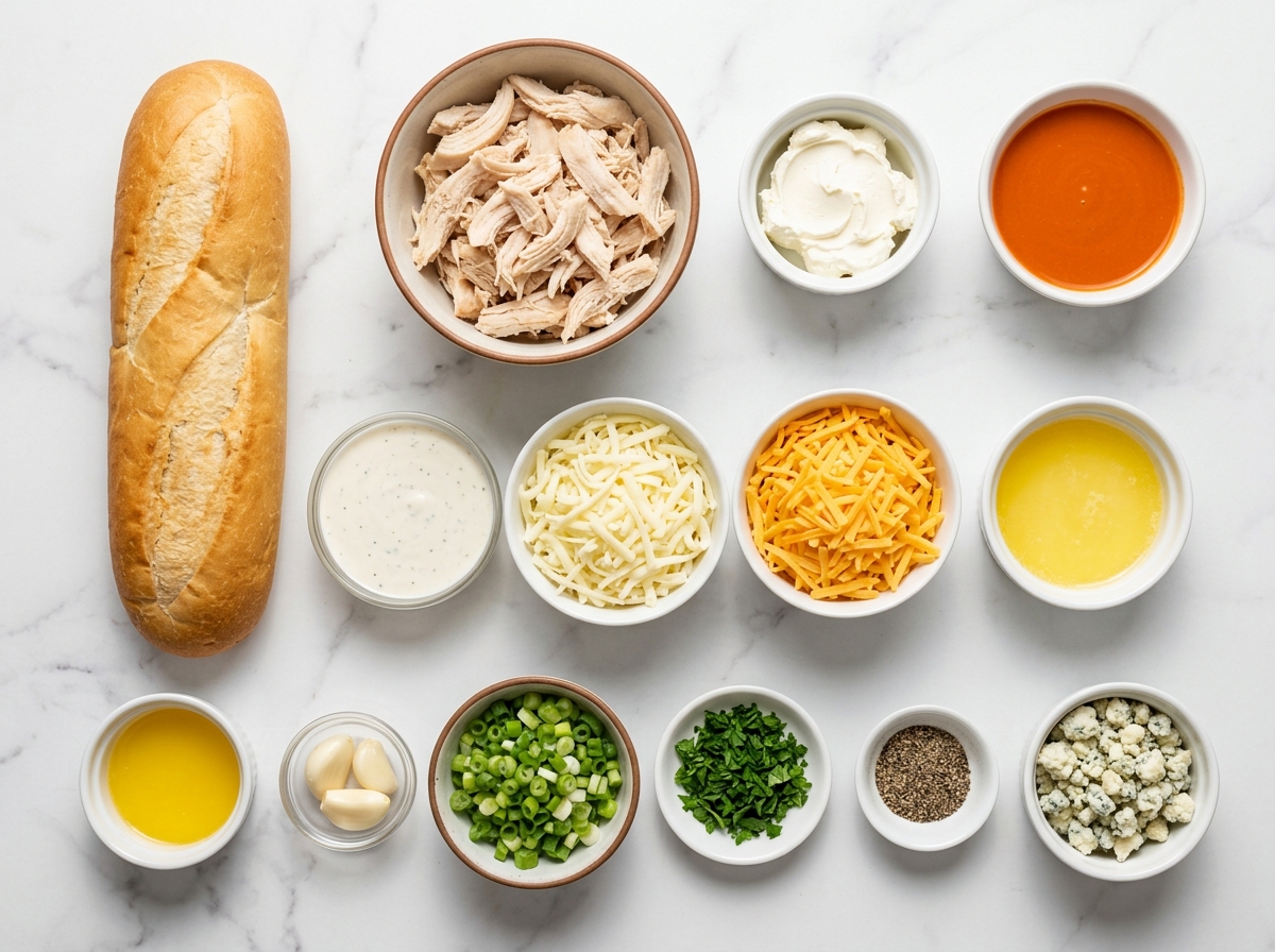 Ingredients for Buffalo Chicken Bread with chicken, cheese, sauce, and French bread