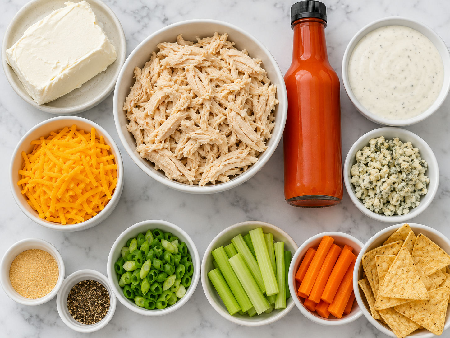 Ingredients for Buffalo Chicken Dip with chicken, cheeses, hot sauce, and dippers