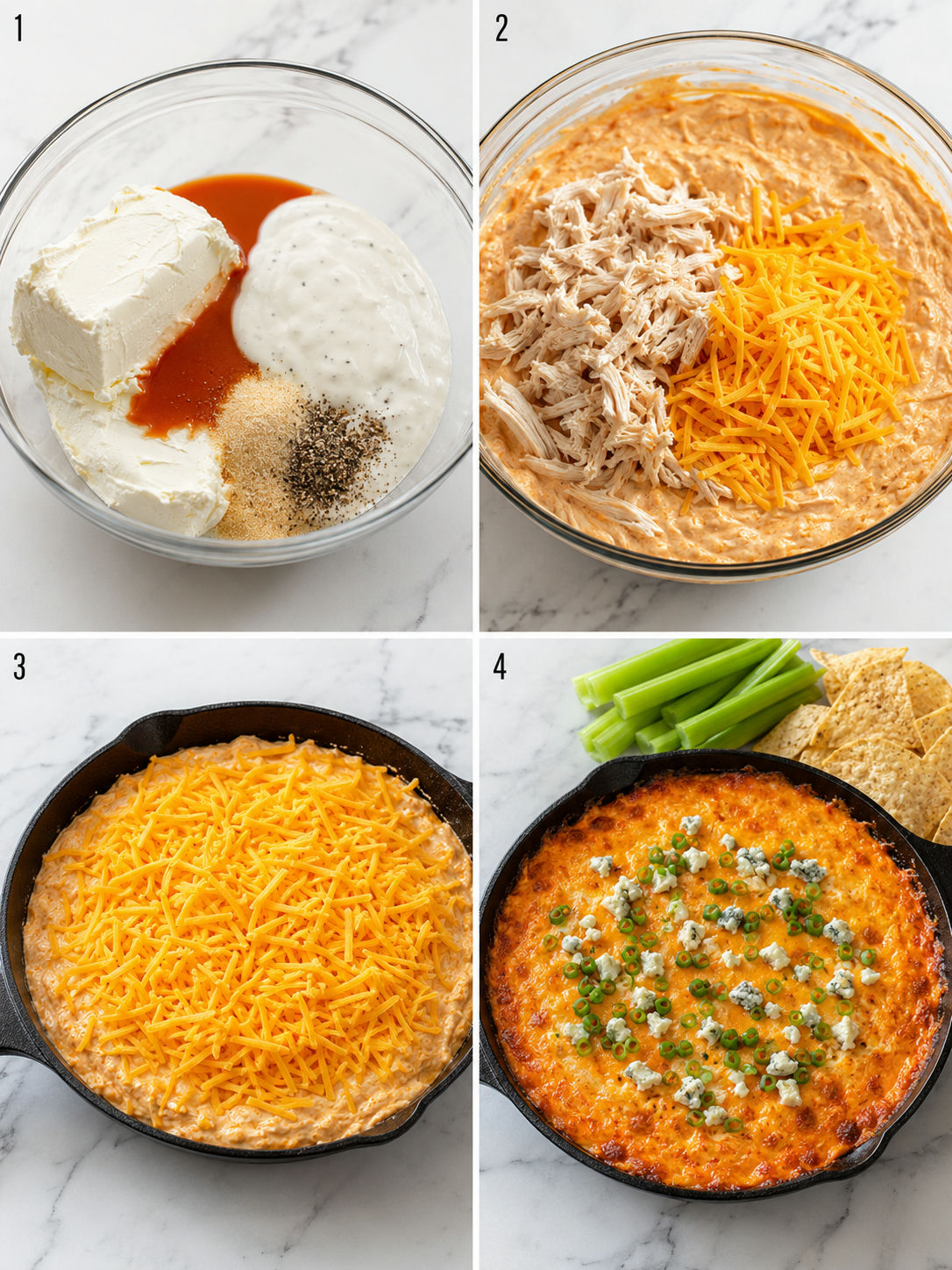 Four steps for making Buffalo Chicken Dip from mixing to baked
