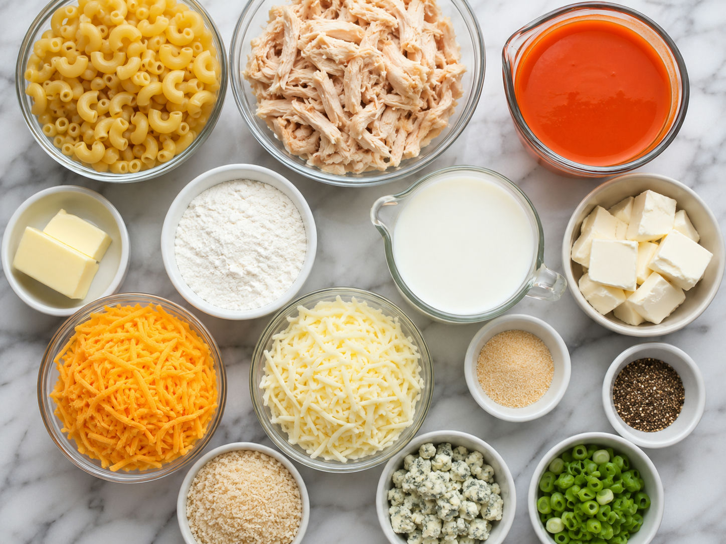 Ingredients for Buffalo Chicken Mac and Cheese on a wooden surface