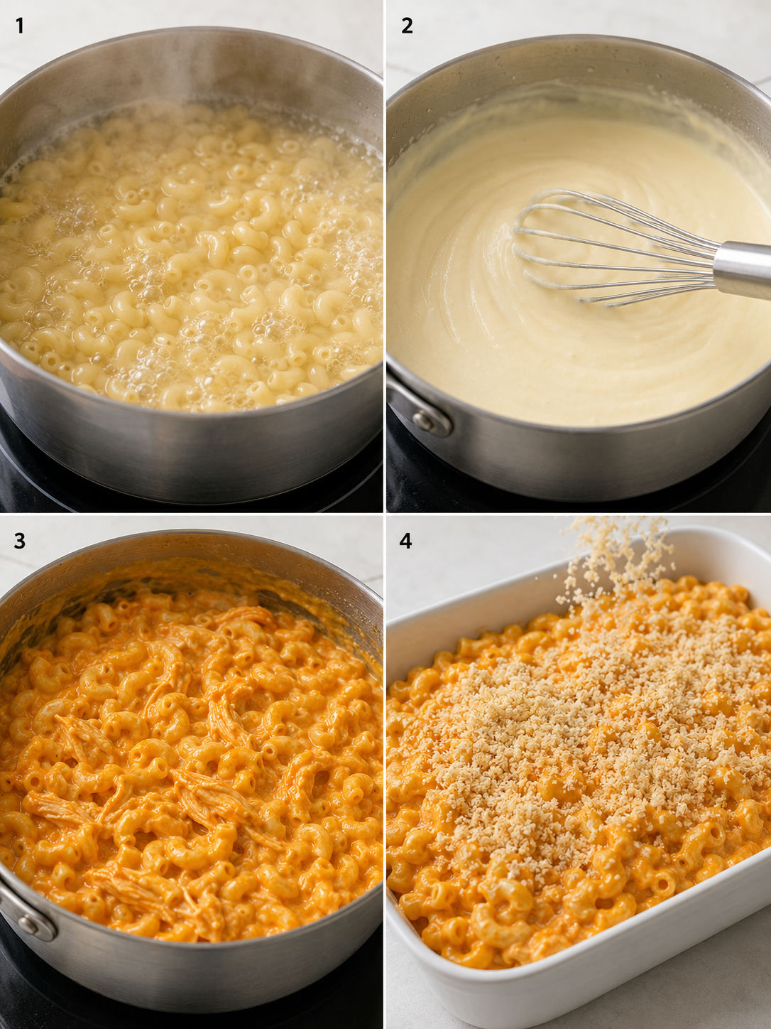 Four cooking steps for Buffalo Chicken Mac and Cheese