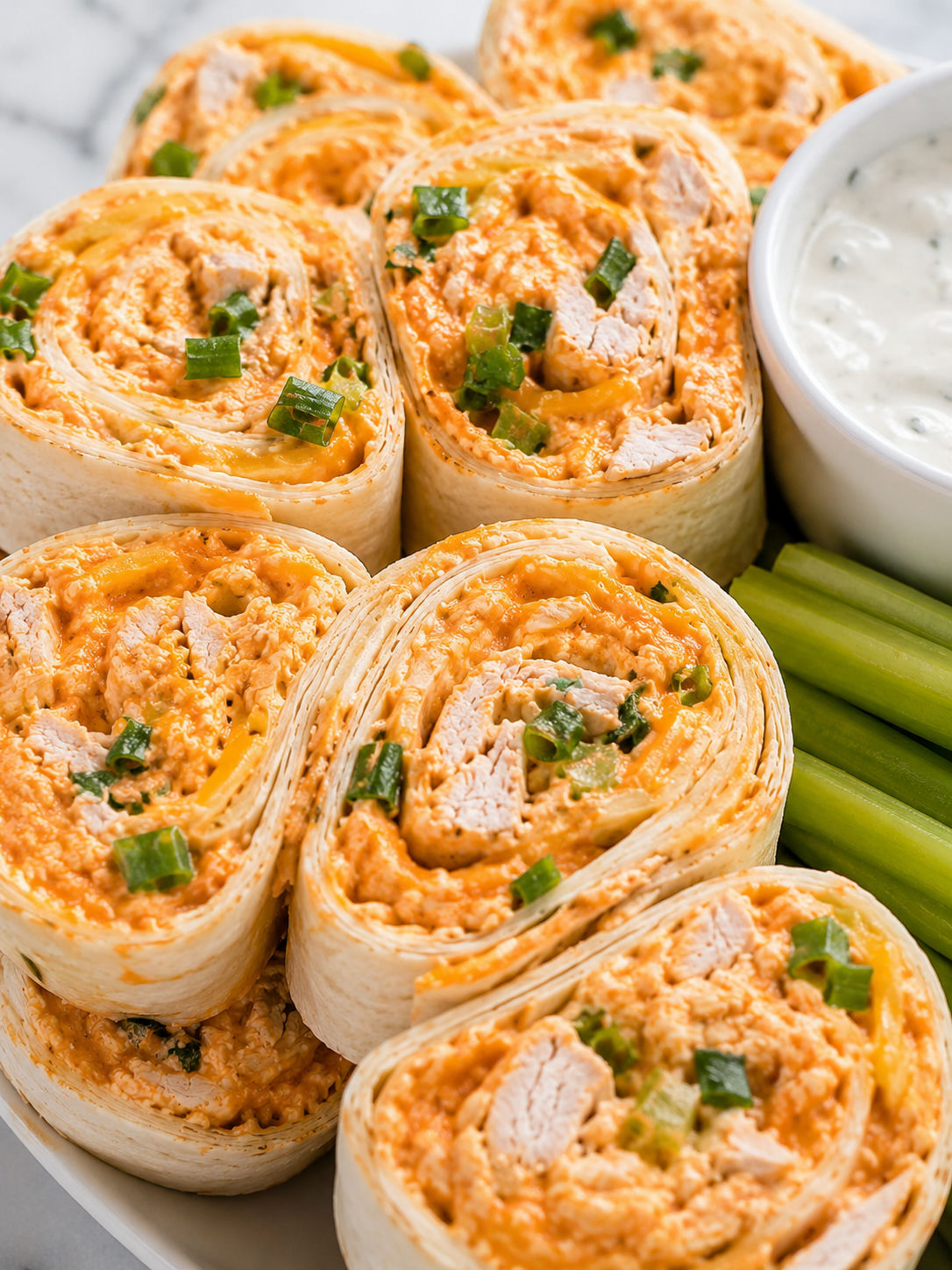 Buffalo Chicken Pinwheels, plated and served