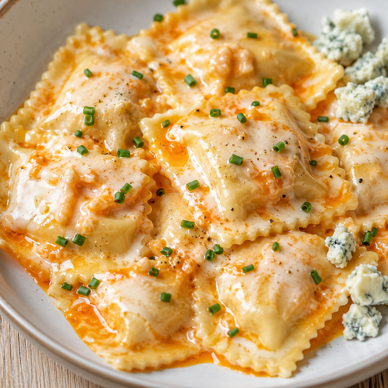 Buffalo chicken ravioli in creamy ranch sauce with chives