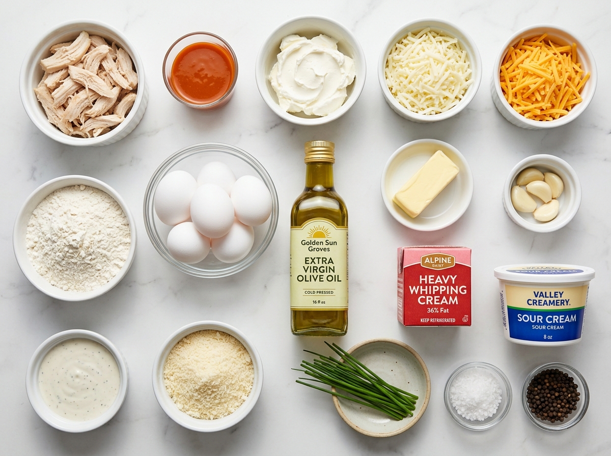 Ingredients for buffalo chicken ravioli on a light wood surface