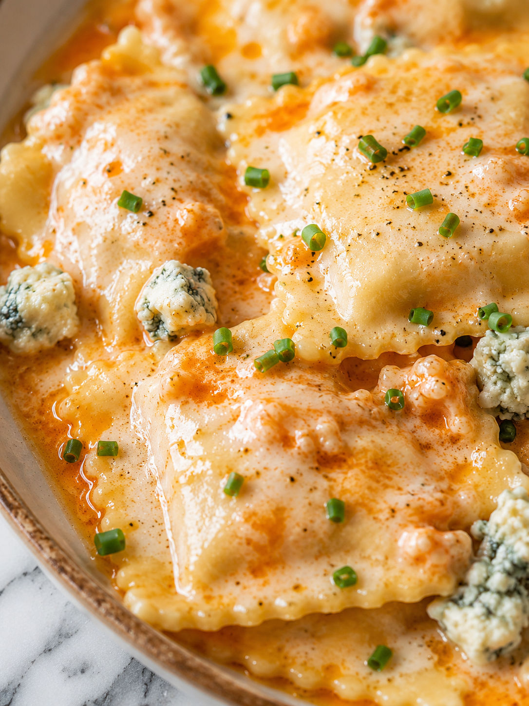 Buffalo Chicken Ravioli, plated and served
