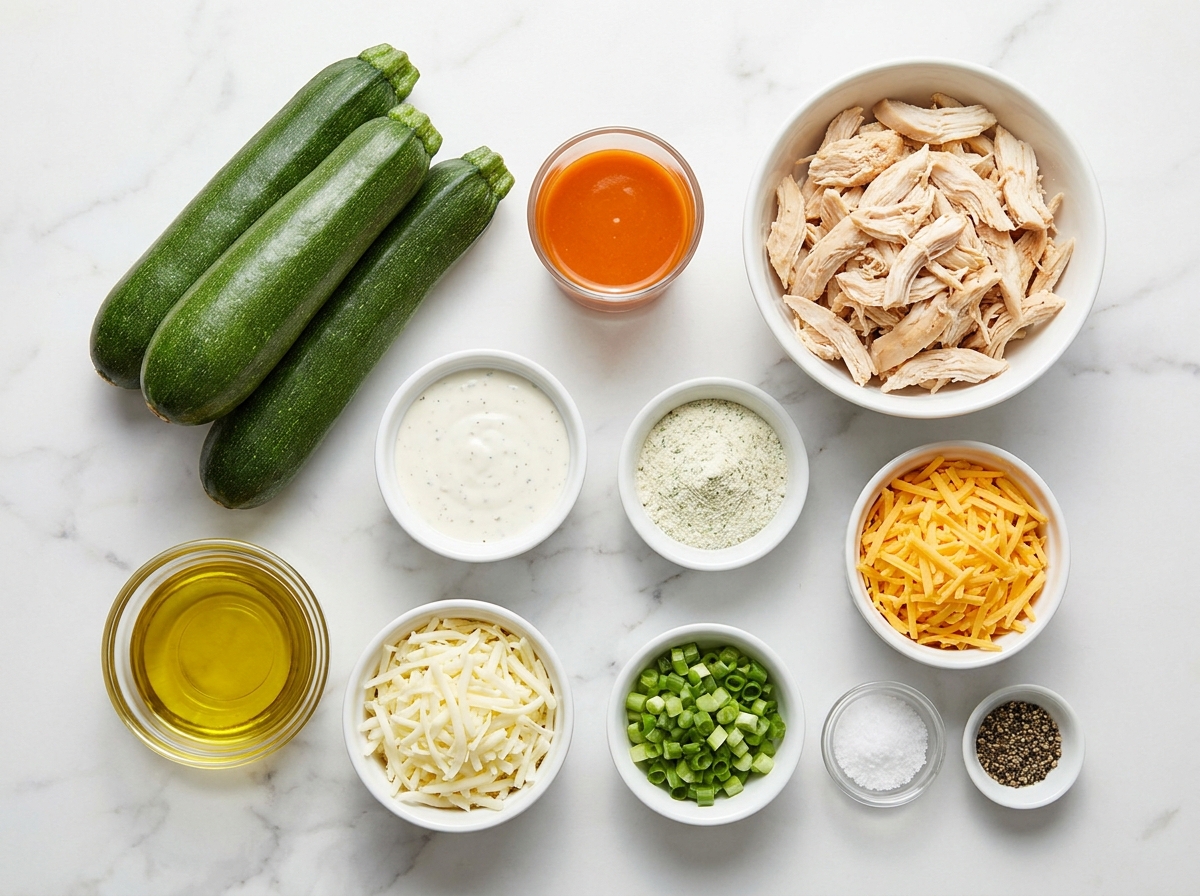 Ingredients for buffalo chicken zucchini boats with cheese and ranch