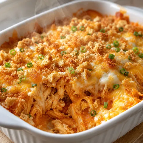 Buffalo chicken cheese bake with golden cracker topping in a white dish
