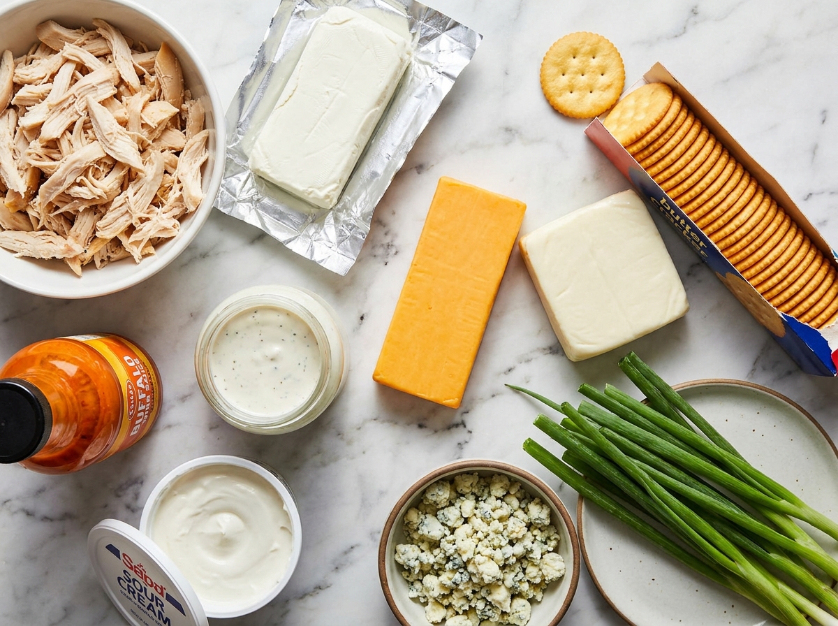 Raw ingredients for buffalo chicken cheese bake on a wooden board