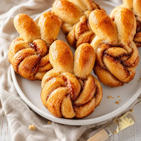 Golden Bunny Buns with twisted ears and honey-butter glaze