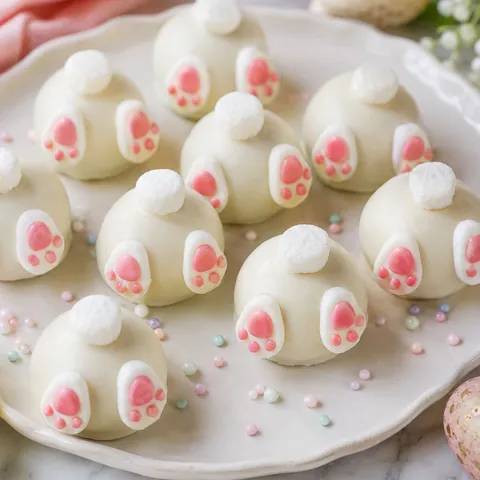 Bunny Butt Oreo Balls with marshmallow tails and pink candy feet