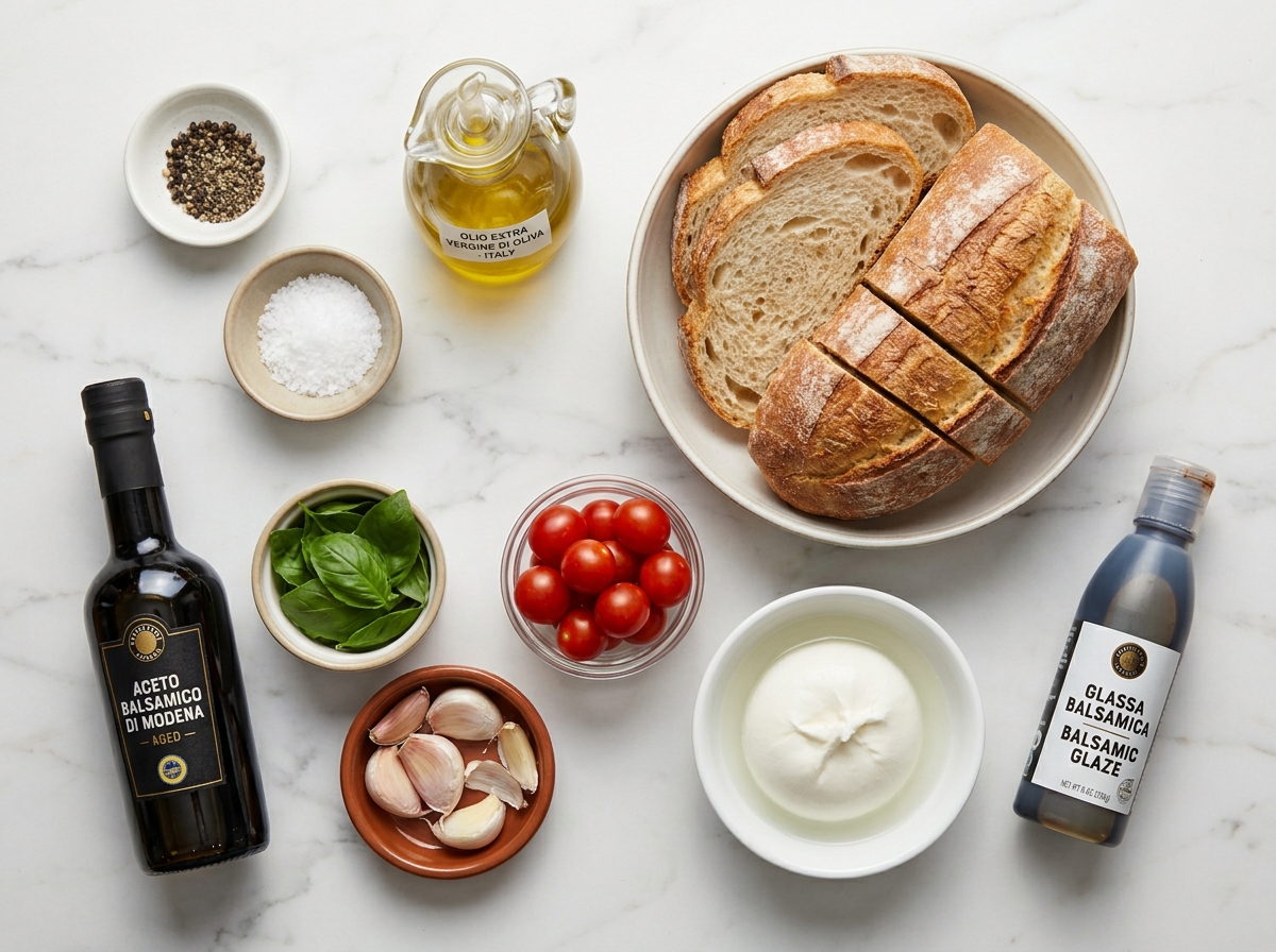 Ingredients for burrata bruschetta with tomatoes, basil, bread, and garlic