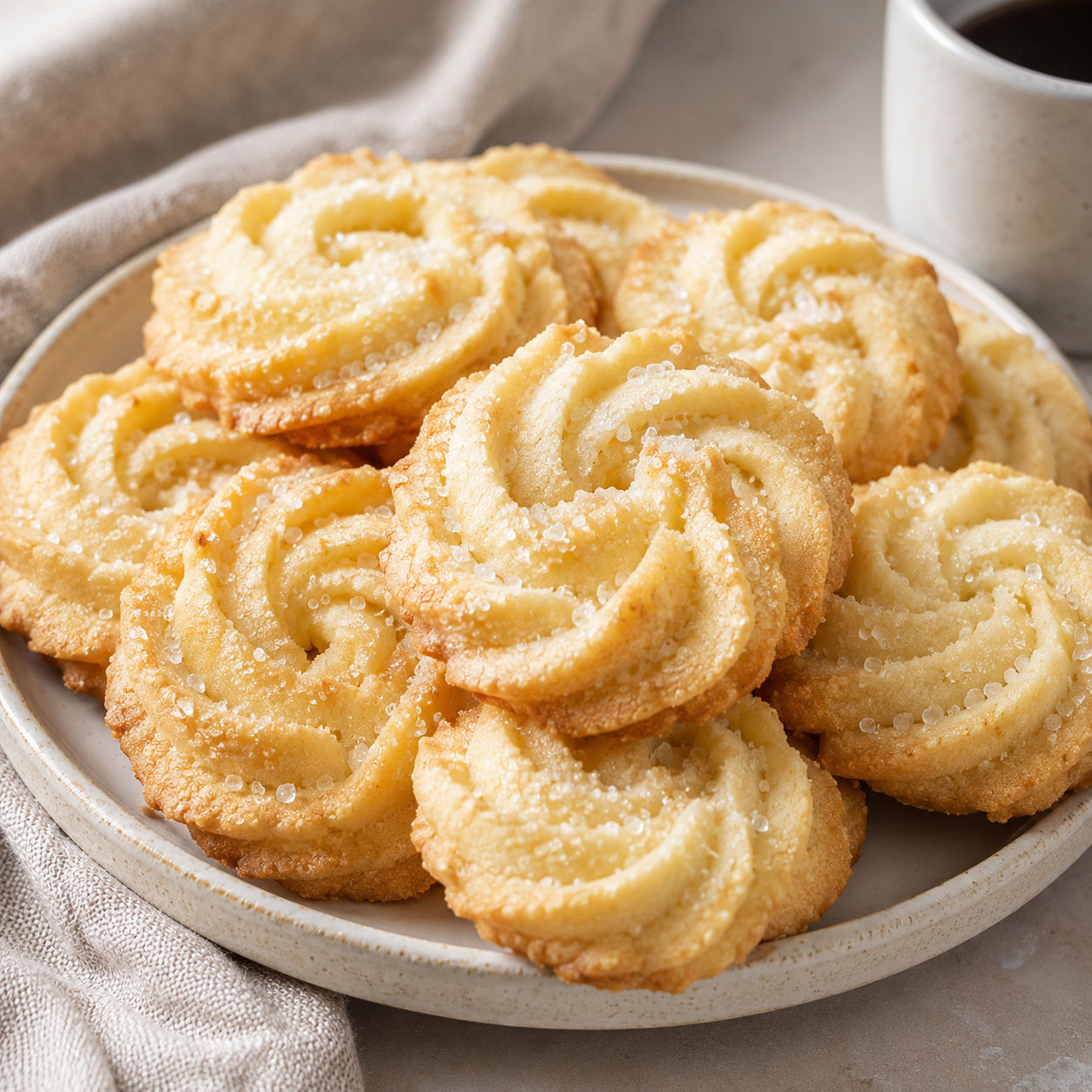 Crisp piped butter cookies with coarse sugar on a light linen napkin