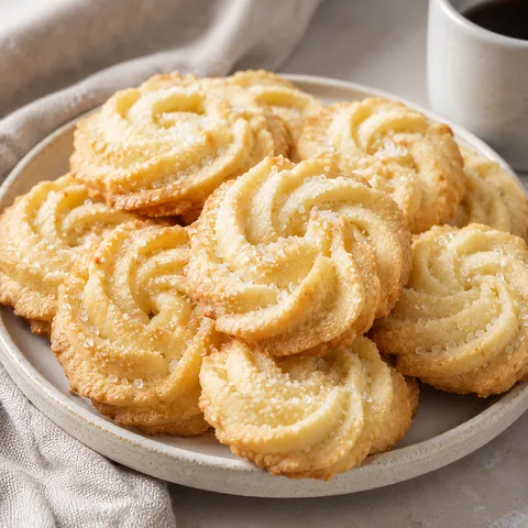 Crisp piped butter cookies with coarse sugar on a light linen napkin