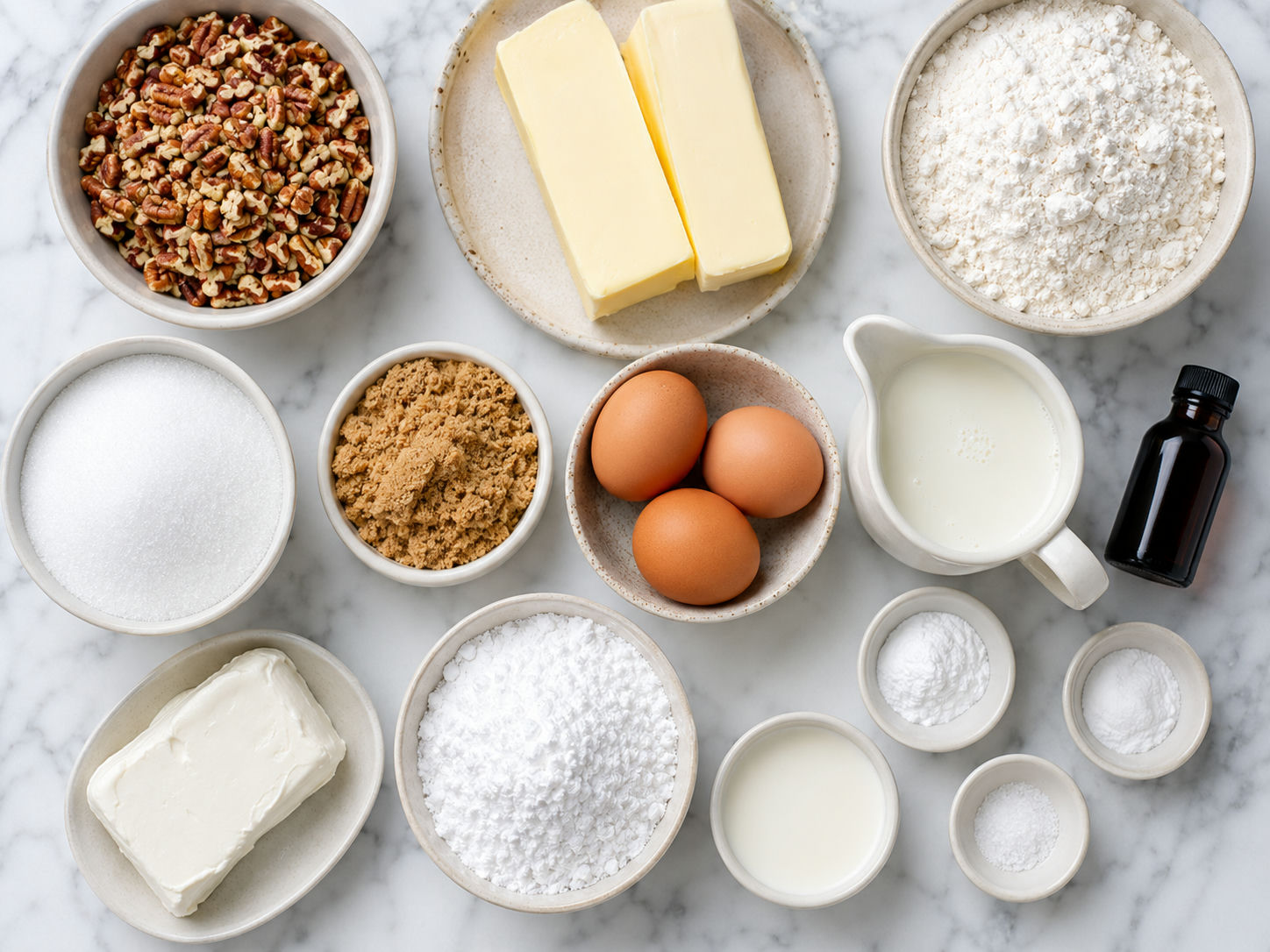 Ingredients for butter pecan cake with pecans, buttermilk, butter, and cream cheese