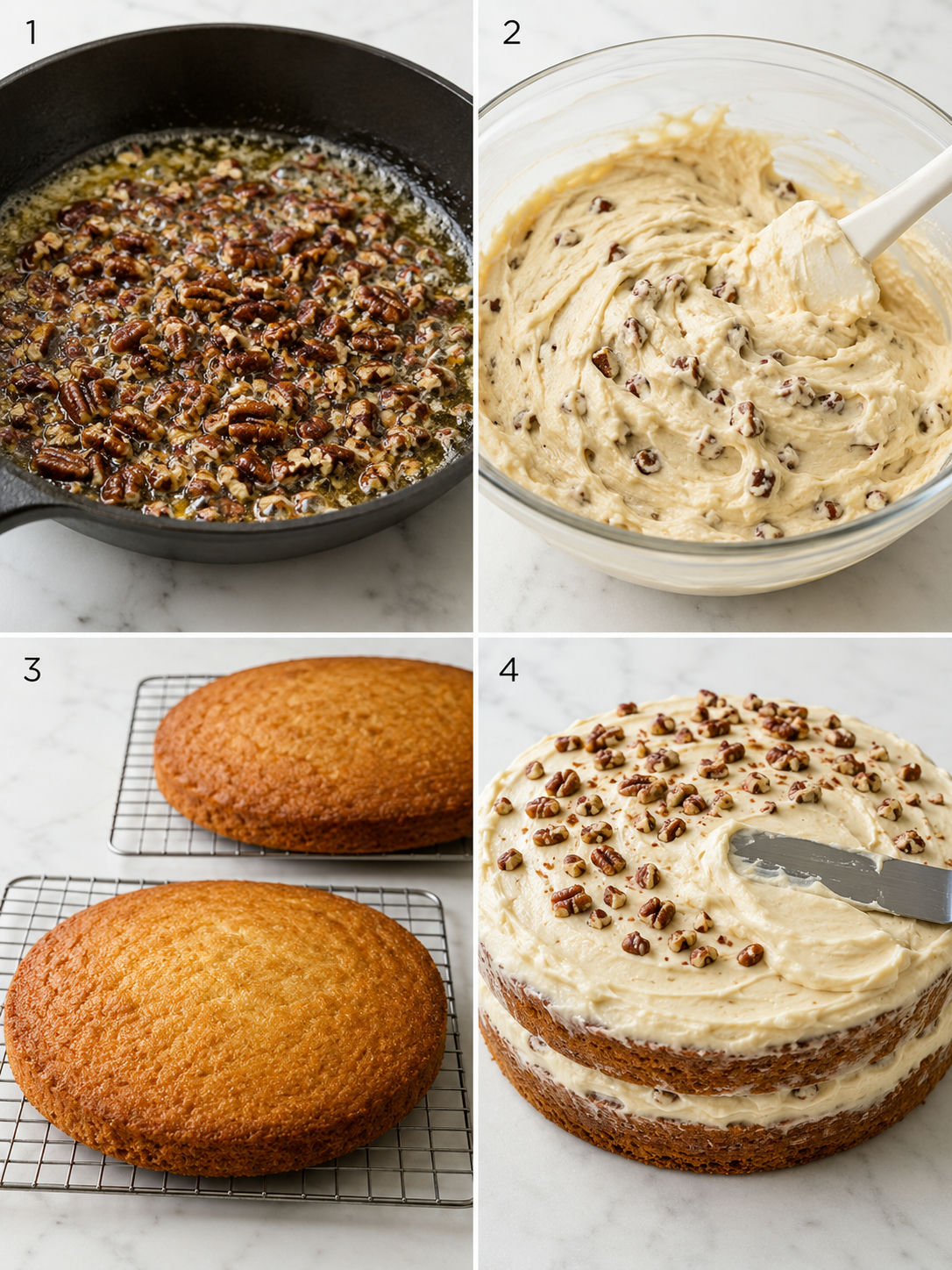 Four steps for making butter pecan cake from toasted pecans to frosting